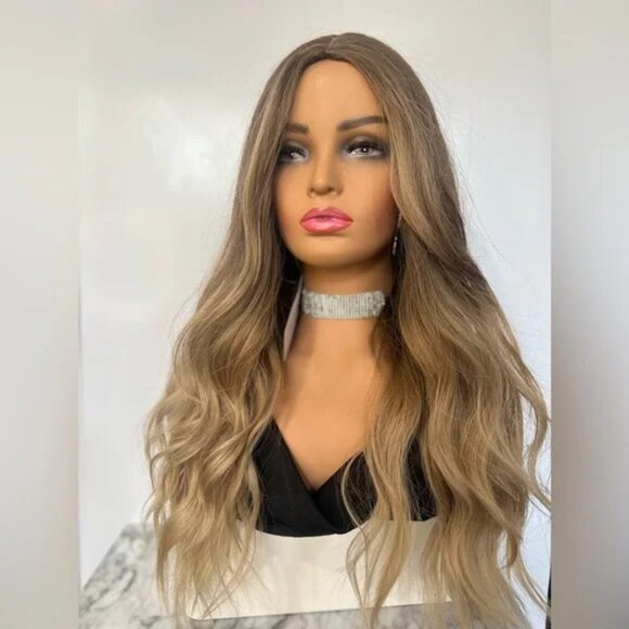 Blonde Balayage Wavy Light Ash Blonde w/ Brown Roots Wig 28" - Picture 5 of 7